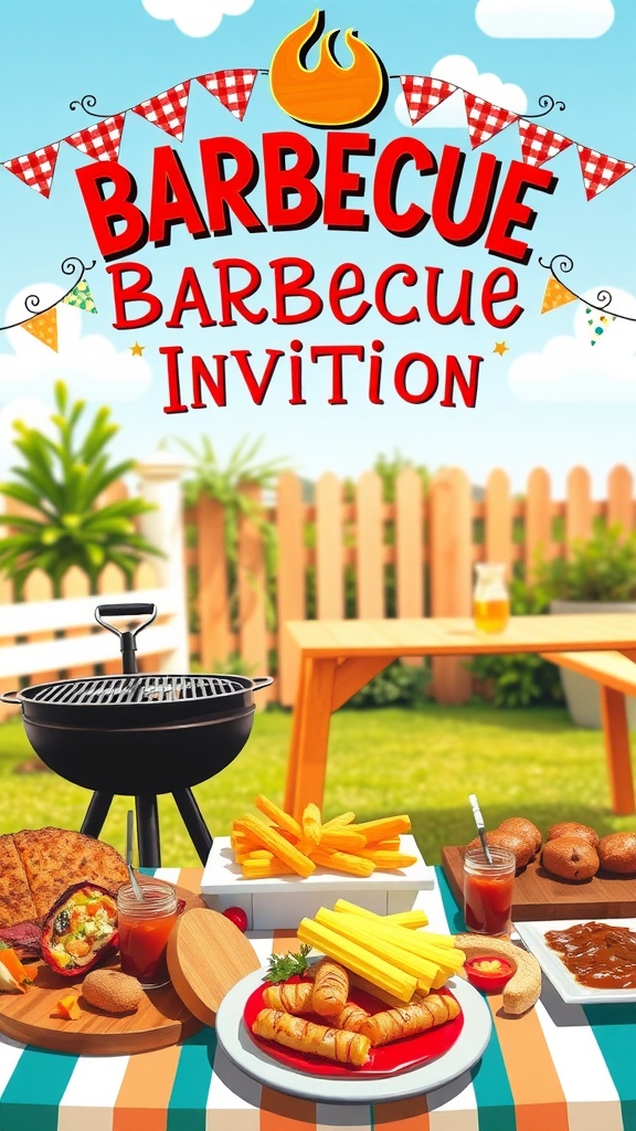 A cheerful barbecue invitation card with grill designs and bright colors set against a sunny outdoor scene.